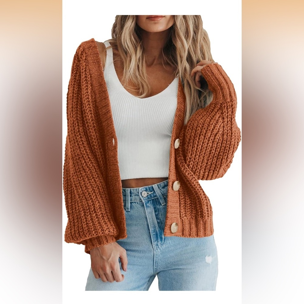 Oversized V-Neck Button Cardigan Sweater - Rust Orange - Picture 6 of 6